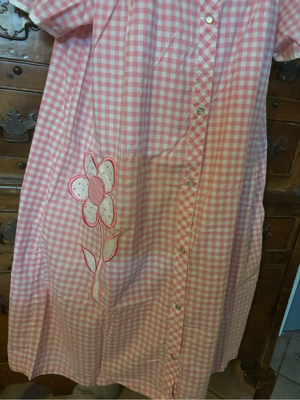 Pink Gingham Snap Front Nightgown Appliqué Flower - Women Intimates Size 2X